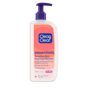 Clean & Clear Essentials Oil-Free Foaming Facial Cleanser, Daily Face Wash With Pro-Vitamin B5 Gently Removes Oil & Pore Clogging Impurities Without Drying Skin, Fragrance-Free, 8 Fl. Oz