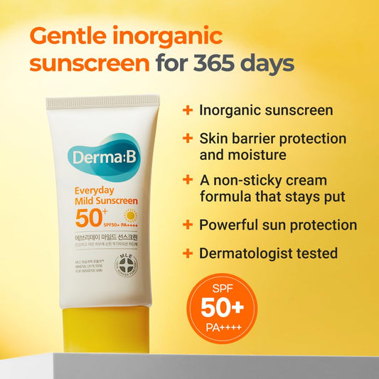 Derma B Everyday Mild Sunscreen SPF50+ PA++++ 1.69 Fl Oz, 50ml Fast-Absorbing Lightweight SPF Sunblock Moisturizer, Facial Body Non-Sticky for Dewy Skin, Korean Sunscreen Lotion for Sensitive Skin