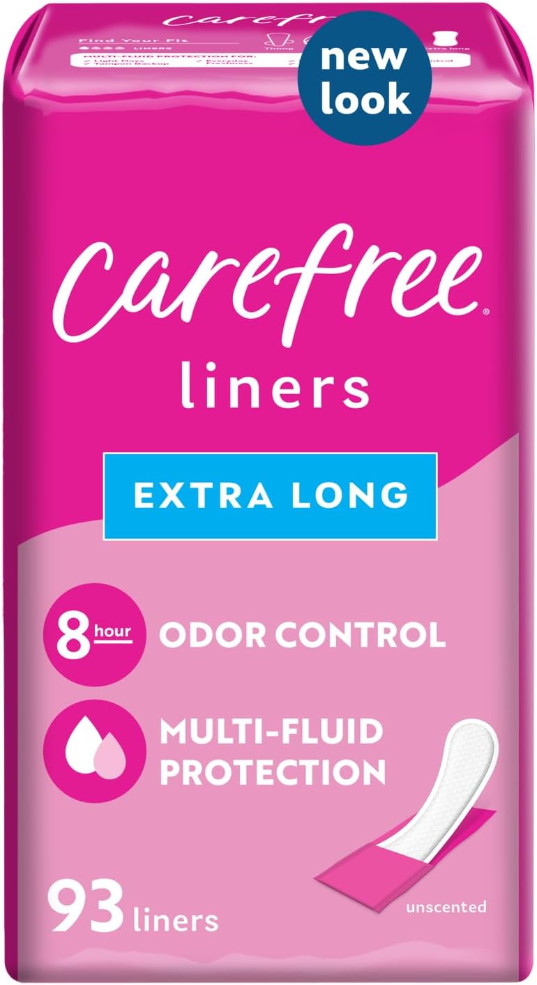 Carefree Panty Liners, Extra Long Liners, Wrapped, Unscented, 93ct (Packaging May Vary)