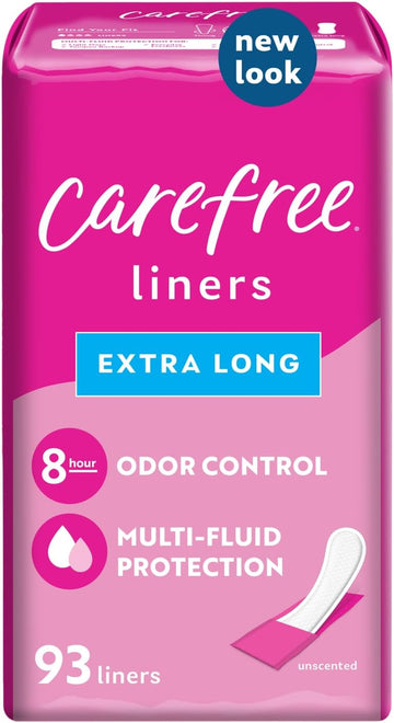 Carefree Panty Liners For Women, Extra Long, Wrapped, Unscented, 93Ct | Pantiliners, Carefree Liners, Daily Liners For Women, Light Periods And Leaks, 8-Hour Odor Control | 93Ct (Packaging May Vary)