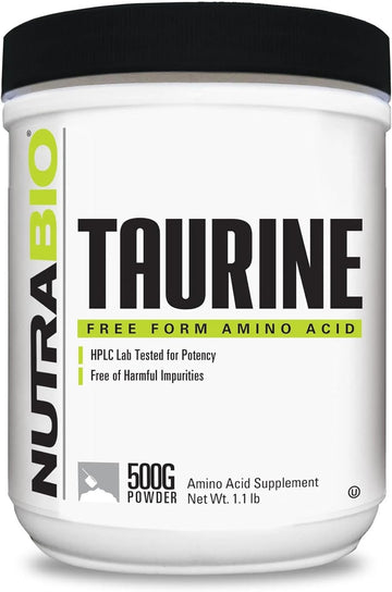 NutraBio Taurine Supplement Powder, Better Energy Levels & Digestion, Reduce Muscle Cramps, 500 Grams - 1000mg Serving