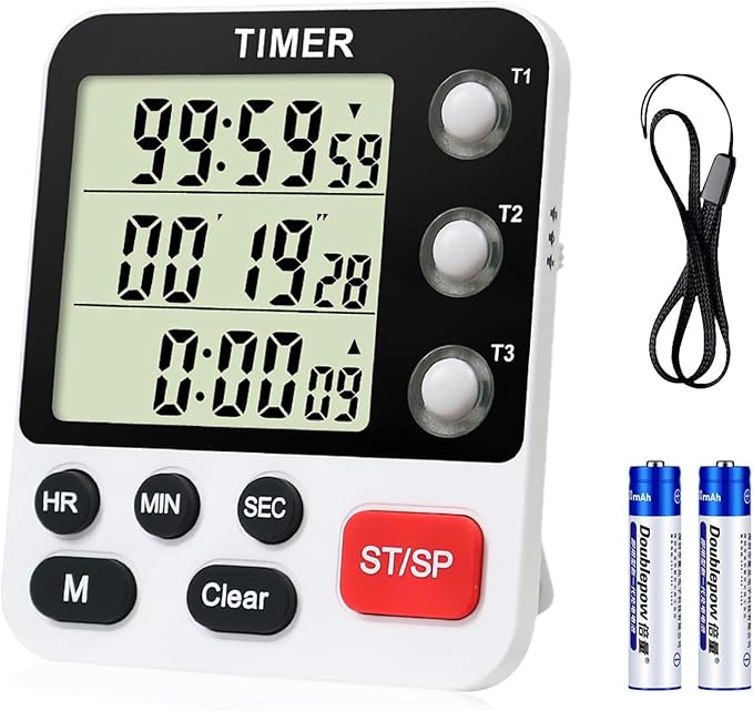 Digital 3 Channels Kitchen Cooking Multiple Timer - with Large LCD Count Up Down Stopwatch ON Off Switch Timer for Teaching Reading 3-Level Adjustable Volume with Magnetic Back Battery Included