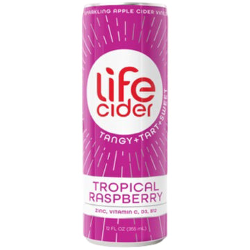 Life Cider | 12 Pack (12 Fl Oz) | Tropical Raspberry | Sparkling Apple Cider Vinegar Beverage | Digestive Health & Immunity Benefits | Low Calorie & Low Carb Drinks | Vitamins C, D3, Zinc, B12