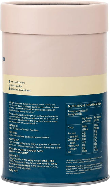 Dose & Co Collagen Protein Powder (Vanilla) 420G – Non-Gmo, Gluten Free Collagen Peptides Supplement – 20G Of Whey Protein, Vanilla