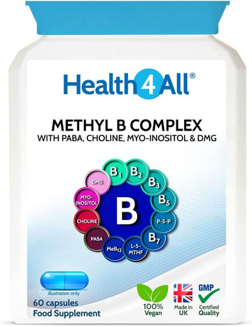 Methyl B Complex 60 Capsules (V) (not Tablets) with Methylcobalamin, Methyl Folate, P5P, Choline, Myo-Inositol, DMG and PABA for Stress Support, Energy and methylation. Made in UK by Health4All