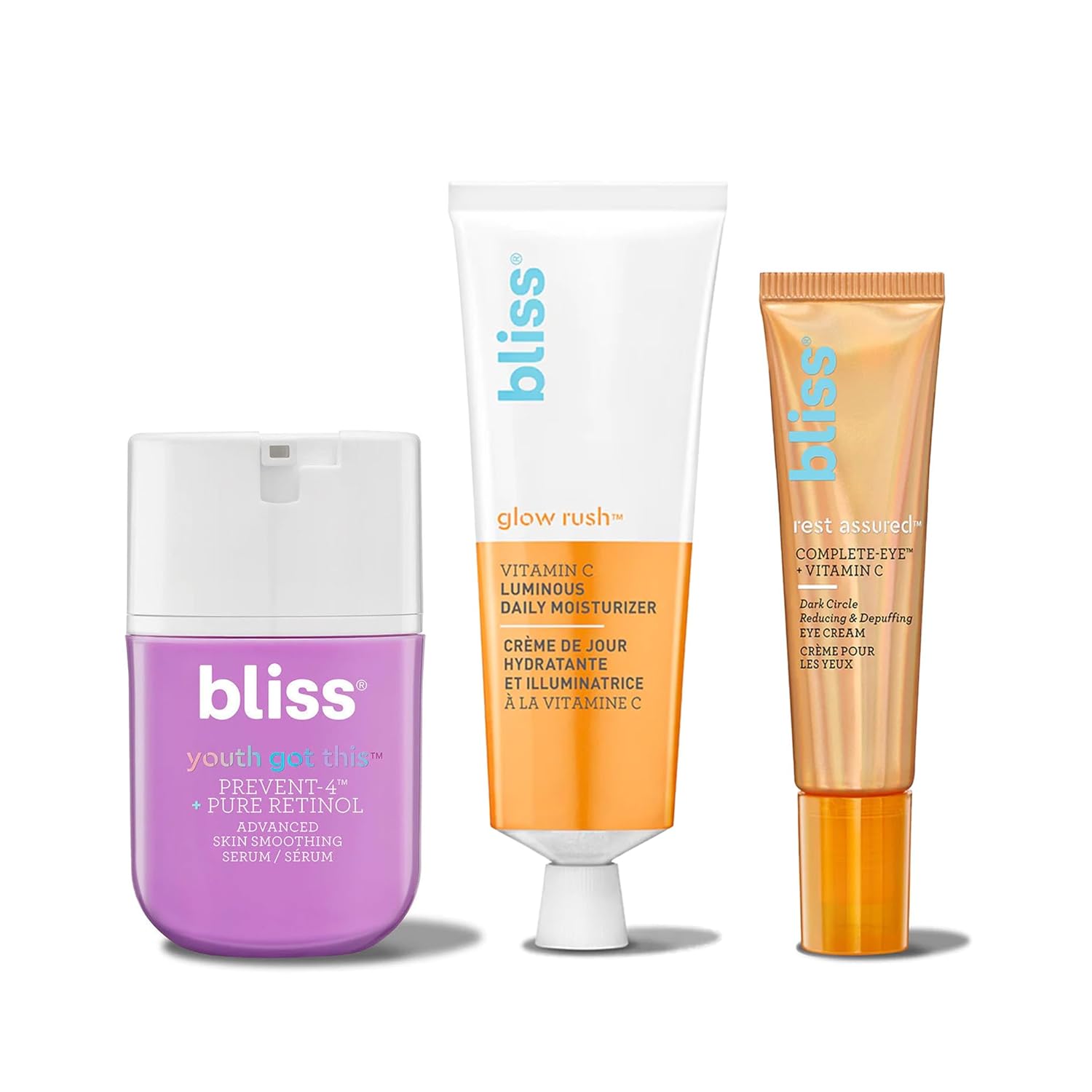 Bliss Youth Got This™ Prevent-4™ + Pure Retinol + Glow Rush Luminous Daily Brightening Moisturizer + Rest Assured ™ Eye Cream With Vitamin C & Caffeine