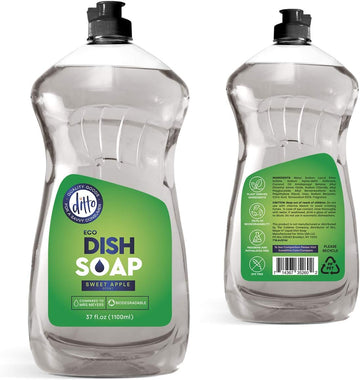 Vegan Eco Friendly Clear Dish Soap - Sweet Apple - 2 Pack (74 Fl Oz) - Bulk Dishwashing Liquid - Organic and Biodegradable - All Natural with No Harmful Chemicals