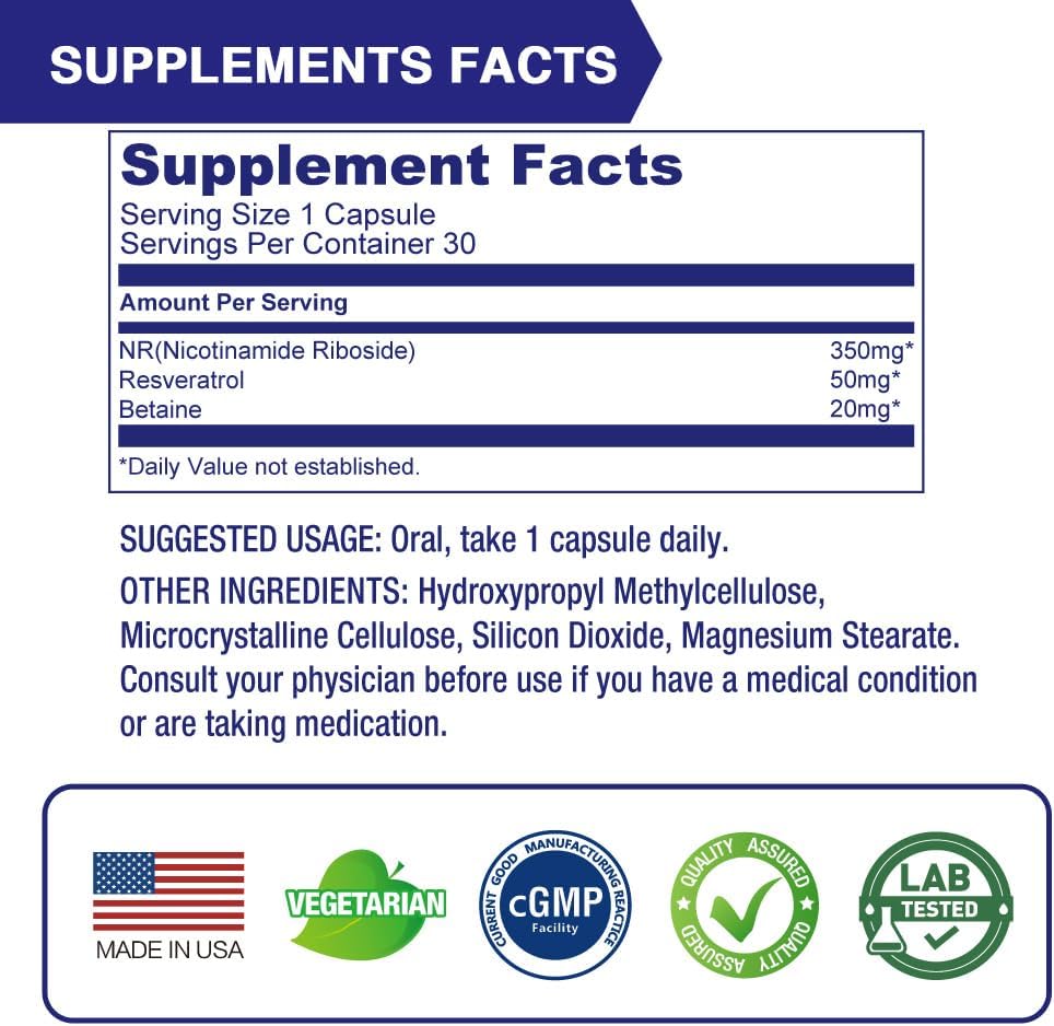 Lovita Nr (Nicotinamide Riboside) 350 Mg, Nad Supplement With Trans-Resveratrol And Betaine, Promote Nad Plus Levels, Healthy Aging, 30 Vegan Enteric-Coated Capsules : Health & Household
