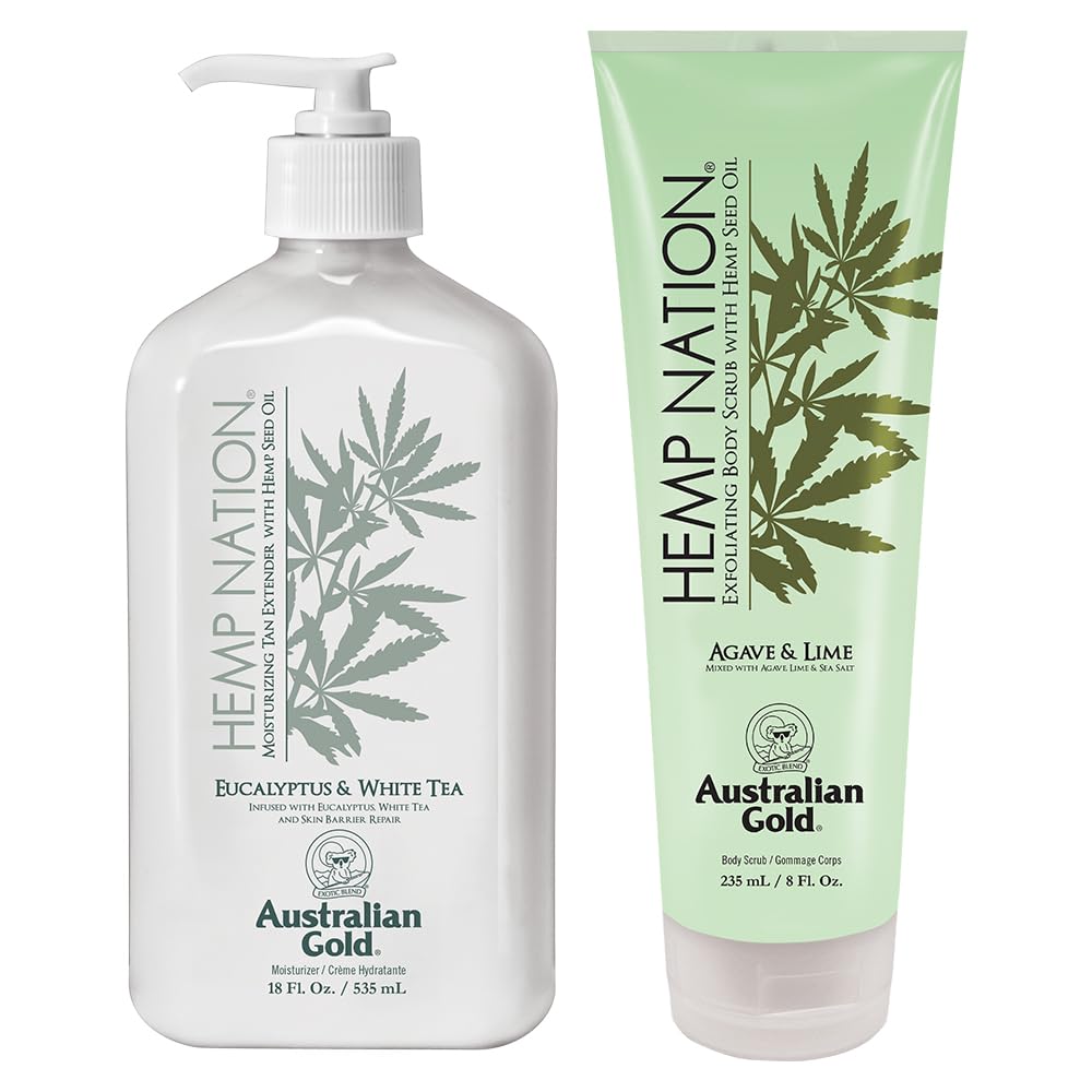 Australian Gold Hemp Nation White Peach & Hibiscus Bundle - Tan Extender Lotion (18 Fl Oz) And Agave & Lime Body Scrub (8 Fl Oz), Moisturizing Body Lotion And Body Exfoliating Scrub, Pure Hemp Oil