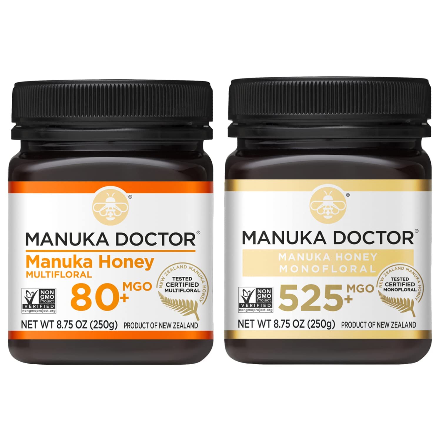 Manuka Doctor - Manuka Honey Mgo 80+ Multifloral & Mgo 525+ Monofloral Value Bundle, 100% Pure New Zealand Honey. Certified. Guaranteed. Raw. Non-Gmo, 2 X 8.75Oz Pots