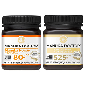 Manuka Doctor - Manuka Honey Mgo 80+ Multifloral & Mgo 525+ Monofloral Value Bundle, 100% Pure New Zealand Honey. Certified. Guaranteed. Raw. Non-Gmo, 2 X 8.75Oz Pots