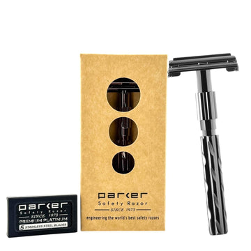Parker 22R Gunmetal Finish Long-Handle Butterfly Safety Razor For Men – Premium Brass Construction, Close Smooth Shave + 5 Razor Blades Included