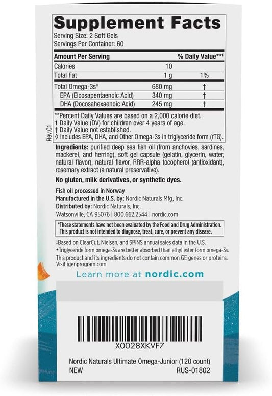 Nordic Naturals Ultimate Omega Jr., Strawberry - 120 Mini Soft Gels - 680 Total Omega-3s with EPA & DHA - Brain Health, Mood, Learning - Non-GMO - 60 Servings