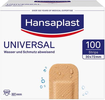 Hansaplast Universal Plasters (100 Strips), Dirt-Repellent And Water-Repellent Wound Plaster Set With Strong Adhesive Power & Bacteria Shield In Bulk Pack