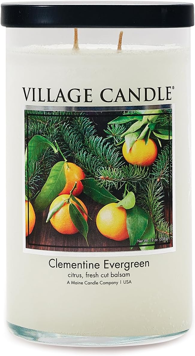 Village Candle Clementine Evergreen Large Tumbler Jar Candle, 19 Oz, Traditions Collection, White