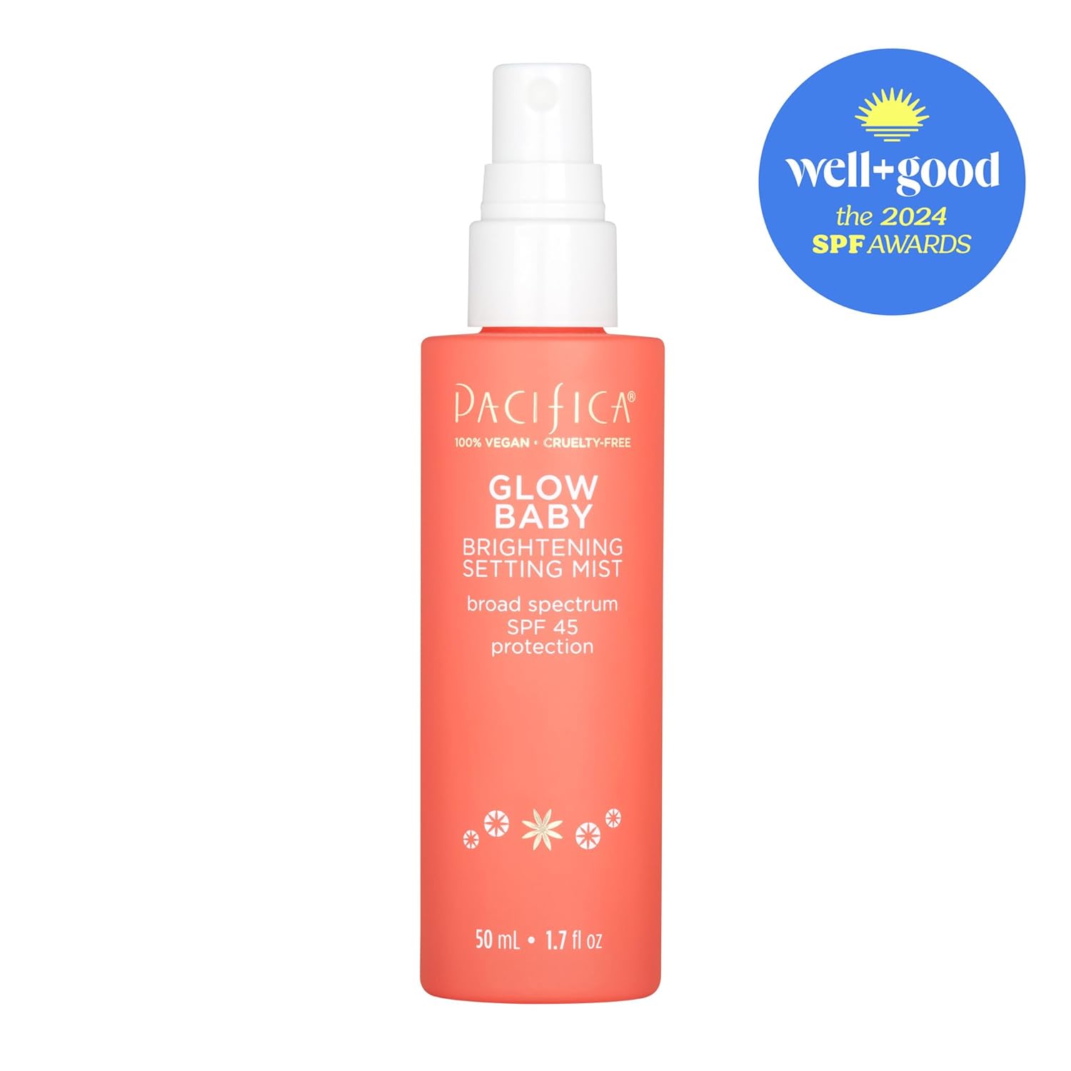 Pacifica Beauty Glow Baby Brightening Setting Mist, Broad Spectrum SPF 45, Makeup Setting Spray, UVA/UVB Protection, Blue Light Protection, Facial Mist, Suncare, Skin Care, Vegan, 1.7 fl oz (1 Count) : Beauty & Personal Care