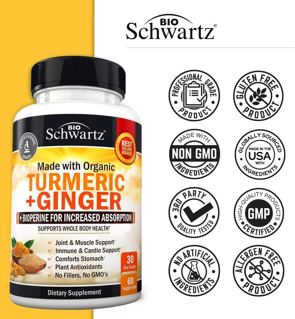 Turmeric Curcumin And Ginger Supplement - 95% Standardized Curcuminoids With Bioperine Black Pepper Extract For Ultra High Absorption - Natural Joint Support Supplement - Gluten-Free - 60 Capsules : Health & Household