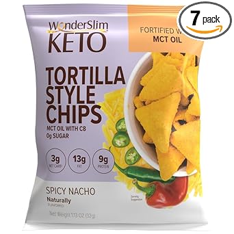 WonderSlim KETO Tortilla Chips with MCT Oil, Spicy Nacho, 3g Net Carbs, 13g Fat, 9g Protein, 0g Sugar, Gluten Free (7ct)