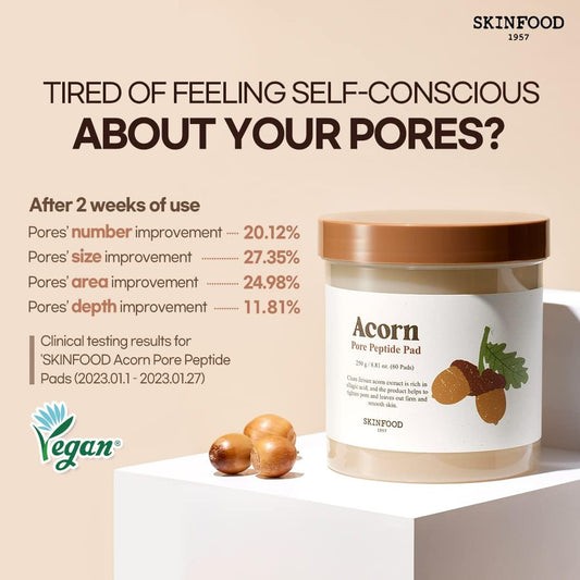 SKINFOOD Acorn Pore Peptide Pad 260g (9.17 oz) 60 Sheets- Vegan Pore Firming Toner Pad with Peptide Elasticity Care, Instantly Tight Enlarged Pore, Non-Irritated Hydration Boosting