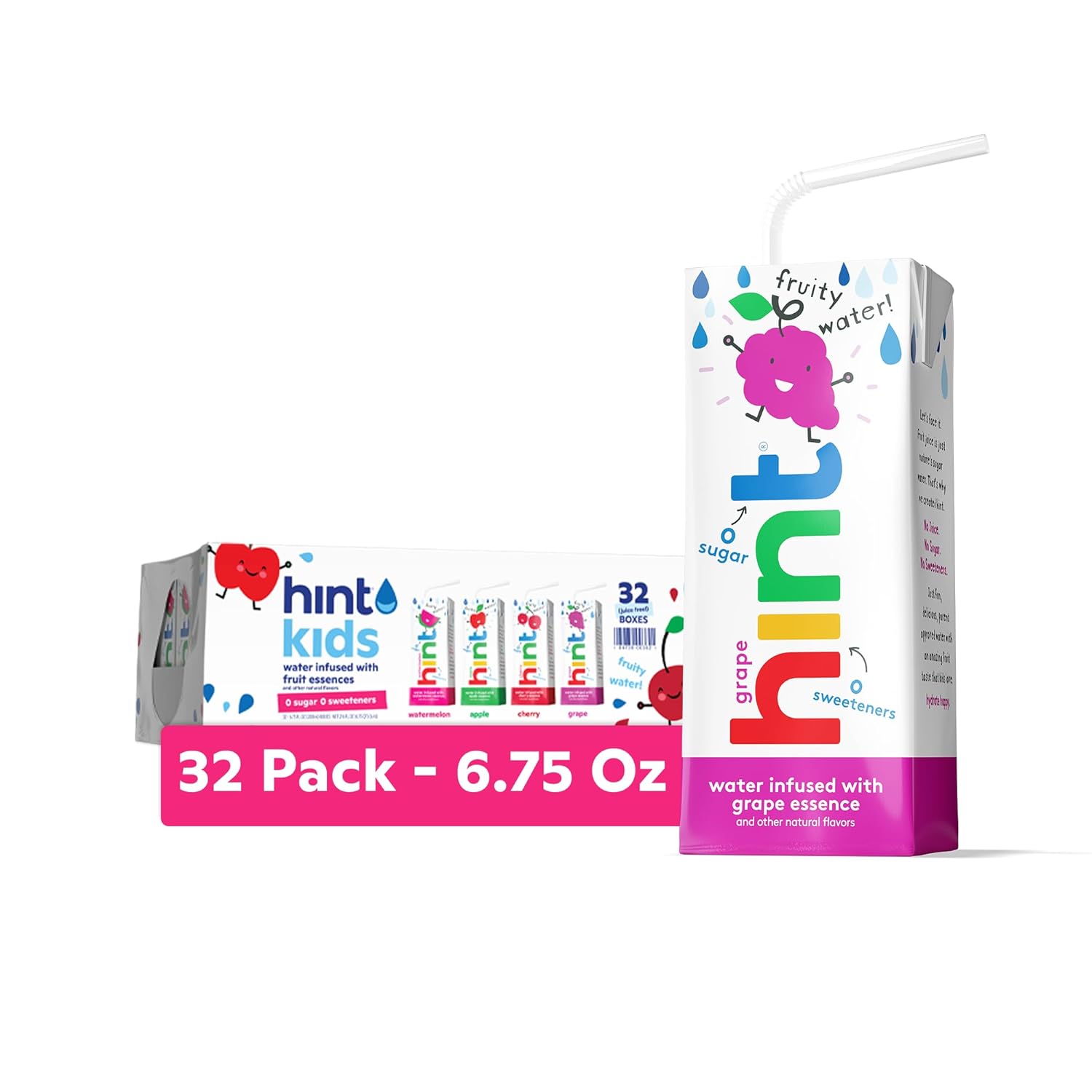 Hint Kids Water Variety Pack, 8 Boxes, Each Of: Cherry, Watermelon, Apple, & Grape, Zero Sugar, Zero Sweeteners, Zero Preservatives, Zero Artificial Flavors, 6.75 Fl Oz (Pack Of 32)