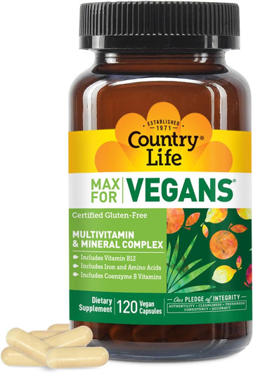 Country Life Max For Vegans - 120 Vegan Capsules - Daily Multivitamins For Men - Immune Support Supplement - Contains Vitamin B12, Iron, Amino Acids, Coenzyme B Vitamins - Gluten-Free