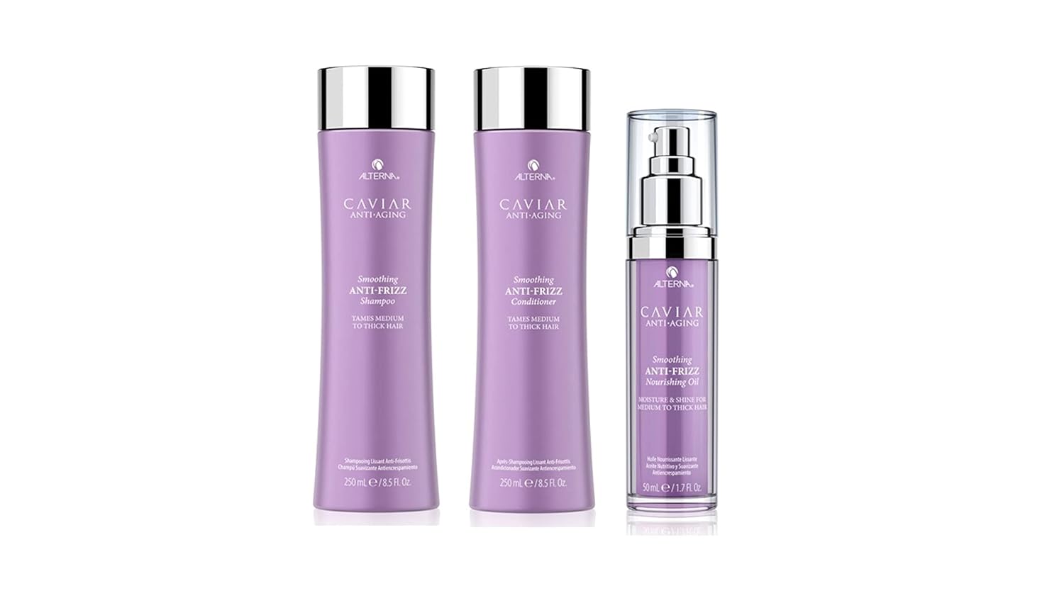 Alterna Caviar Anti-Aging Smoothing Anti-Frizz Shampoo, Conditioner, Nourishing Oil Regimen Starter Set | Smooths Hair, Tames Frizz | Sulfate Free