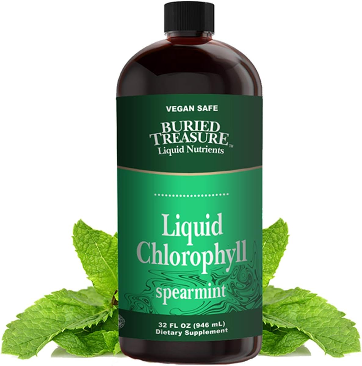 Buried Treasure Liquid Chlorophyll 100 mg, 32oz Spearmint Flavor Dietary Supplement, Intestinal Digestive Support Natural Body Deodorant Vegan Non-GMO Alcohol Free