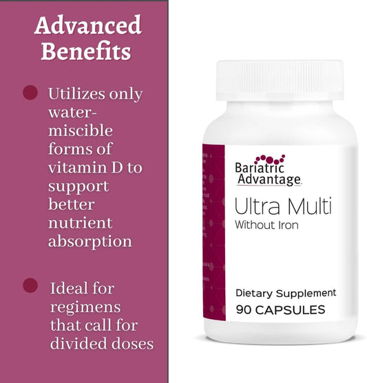 Bariatric Advantage Ultra Multi Without Iron, High Potency Daily Multivitamin for Bariatric Surgery Patients with 22 Essential Vitamins and Nutrients - 90 Capsules, 30 Servings