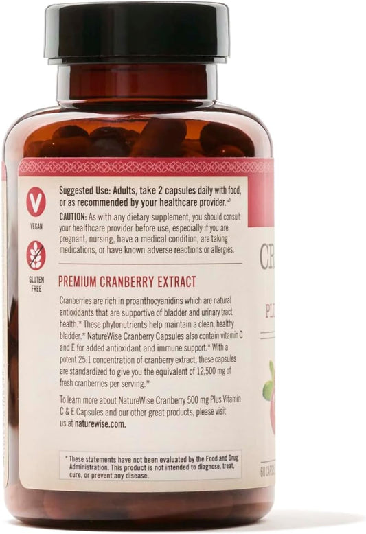 NatureWise Cranberry Extract Pills - 12,500mg* Cranberries with Vitamin C & Vitamin E - Urinary Tract Health, Bladder Health, Immune Support - Vegan, Non-GMO, Sugar-Free - 60 Capsules[1-Month Supply]