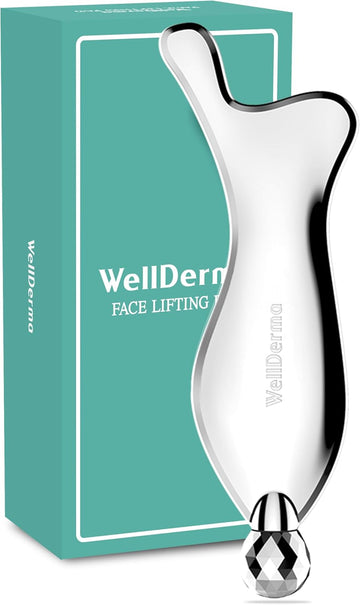 Wellderma Stainless Steel 2 In 1 Gua Sha & Face Roller Metal Tool For Effective Puffiness Reduction, Lymphatic Drainage, And Facial Tension. Durable, Convenient Gua Sha Travel Friendly Pouch