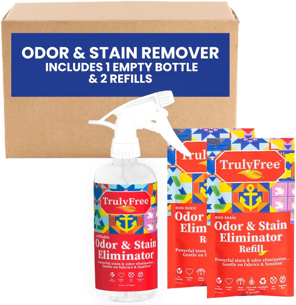 2-Pack Trulyfree Odor & Stain Eliminator - Odor And Stain Remover For Upholstery, Dog Pee, Etc - Includes: Empty Refillable 16Oz Spray Bottle, 2 Refill Pouches (3 Oz Ea), One For Initial Fill