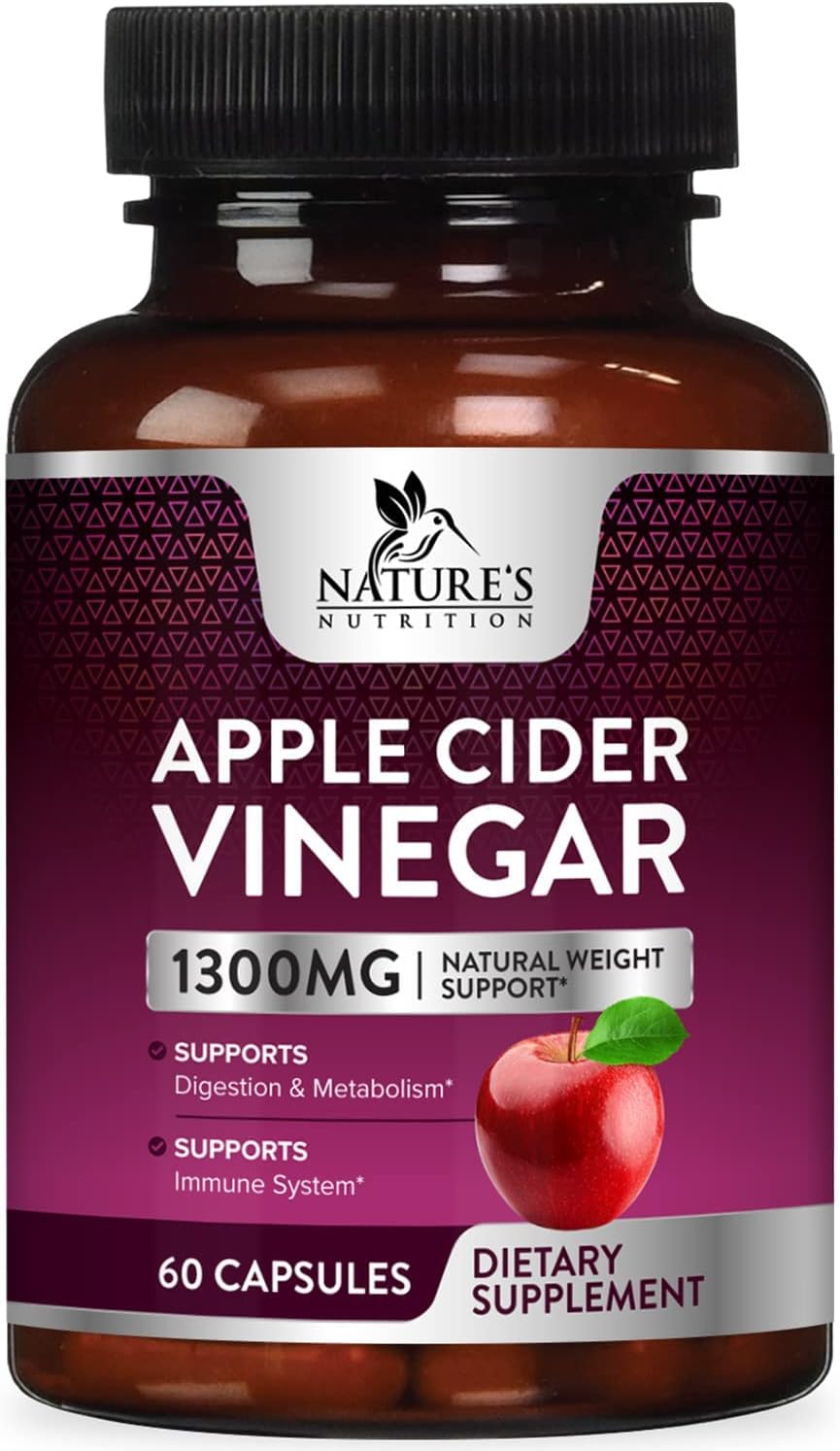 Apple Cider Vinegar Capsules for Detox & Cleanse, ACV Capsules with Digestion & Immune Support - Extra Strength - 1300 mg per Capsule, Gluten & Sugar Free, Non-GMO Supplement - 60 Vegetarian Pills