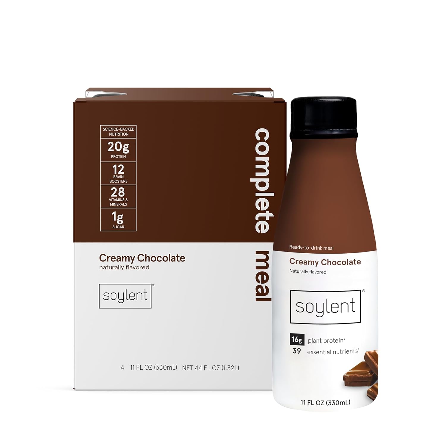 Soylent Creamy Chocolate Meal Replacement Shake, Contains 16G Complete Vegan Protein, Ready-To-Drink, 11Oz, 4 Pack