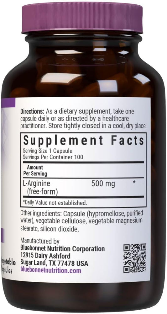 Bluebonnet Nutrition L-Arginine 500Mg, Free-Form Amino Acid, Nitric Oxide Precursor*, Soy-Free, Gluten-Free, Non-Gmo, Kosher Certified, Vegan, 100 Vegetable Capsules, 100 Servings, White