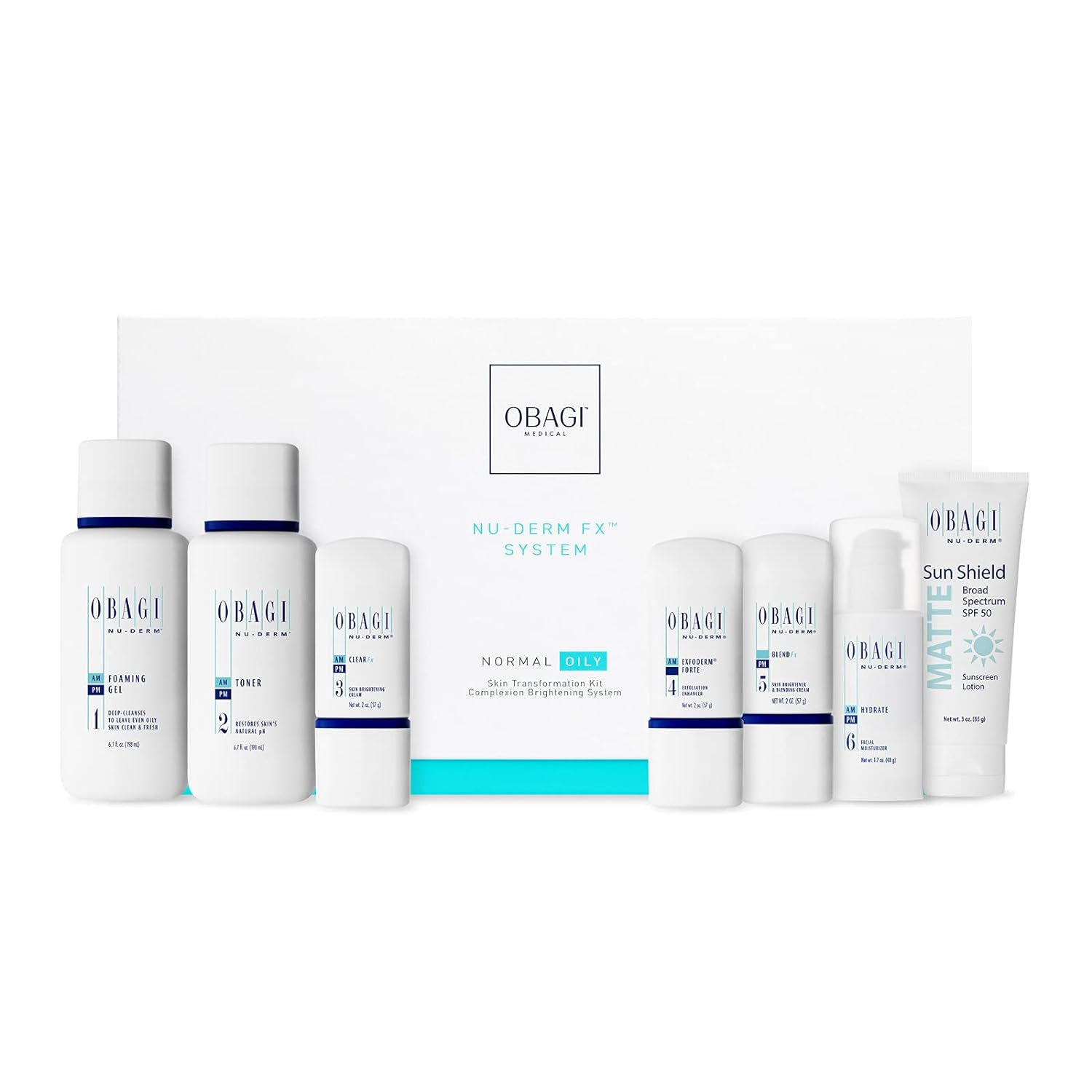 Obagi Medical Nu-Derm Fx System Normal to Oily Bundle - Includes: Foaming Gel, Toner, Clear, Exfoderm Forte, Blend. Hydrate and Sun Shield