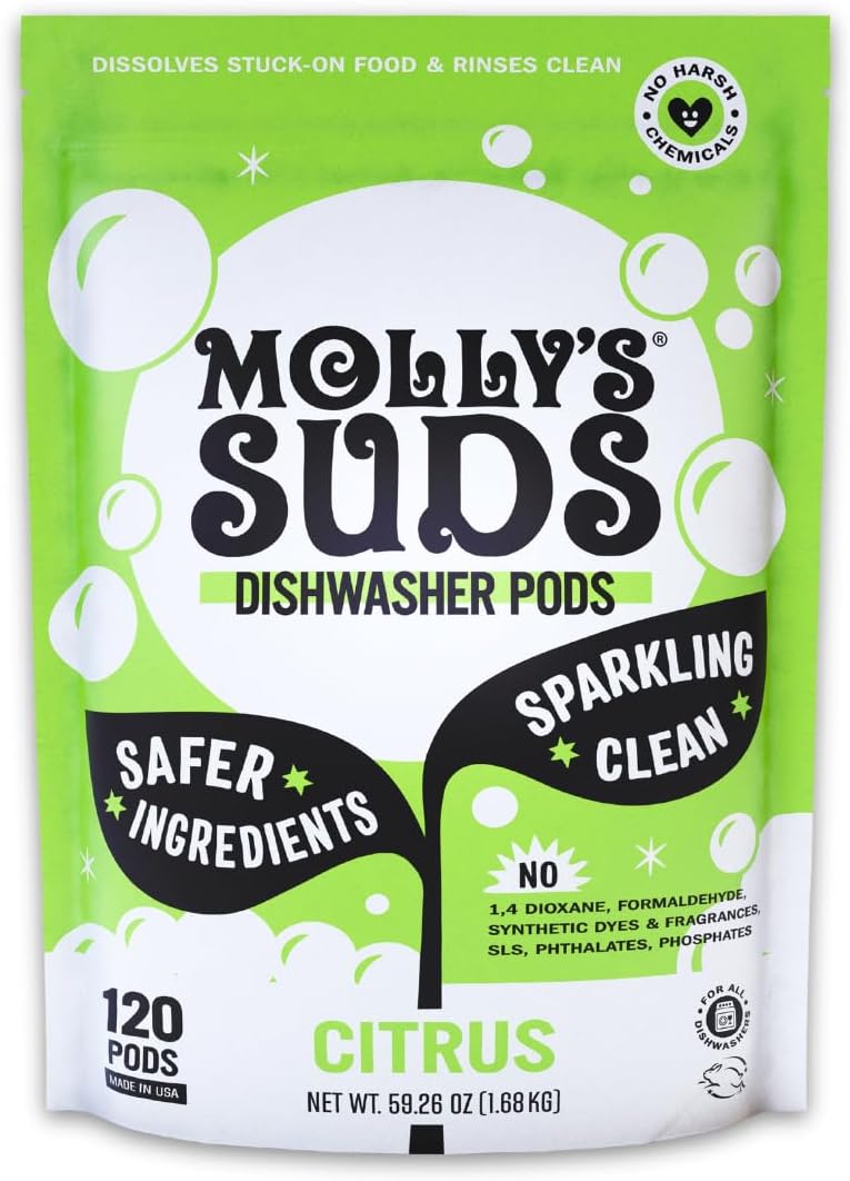 Molly's Suds Dishwasher Pods | Natural Dishwasher Detergent, Cuts Grease & Rinses Clean (Residue-Free) for Sparkling Dishes | 120 Auto-Release Tabs (Citrus)