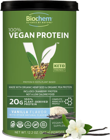 Biochem Vegan Protein Powder – 20G Plant-Based Protein For Muscle Support – Organic Pea, Hemp & Cranberry Protein – Low Carb, Low Fat, Gluten-Free, Non-Gmo, Keto-Friendly – Vanilla Flavor – 12.2 Oz