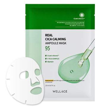 Wellage Real Cica Calming Ampoule Mask - Soothing Facial Sheet Mask With Madecassoside & Lactobacillus – For Sensitive & Irritated Skin – High Adhesive Tencel Sheet, 10 Sheet