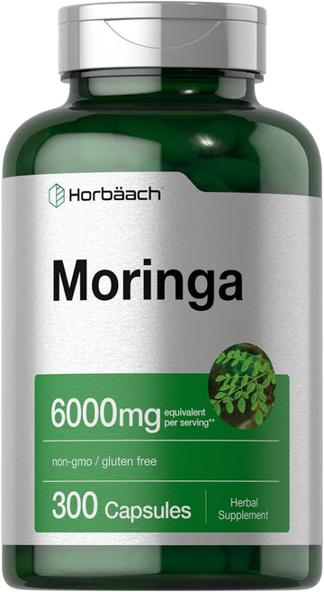 Horbäach Moringa Oleifera | 6000Mg | 300 Powder Capsules | Non-Gmo And Gluten Free Extract Formula | Complete Green Superfood