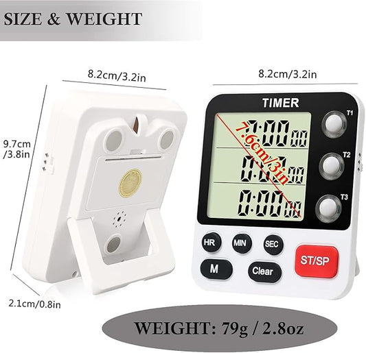 Digital 3 Channels Kitchen Cooking Multiple Timer - with Large LCD Count Up Down Stopwatch ON Off Switch Timer for Teaching Reading 3-Level Adjustable Volume with Magnetic Back Battery Included