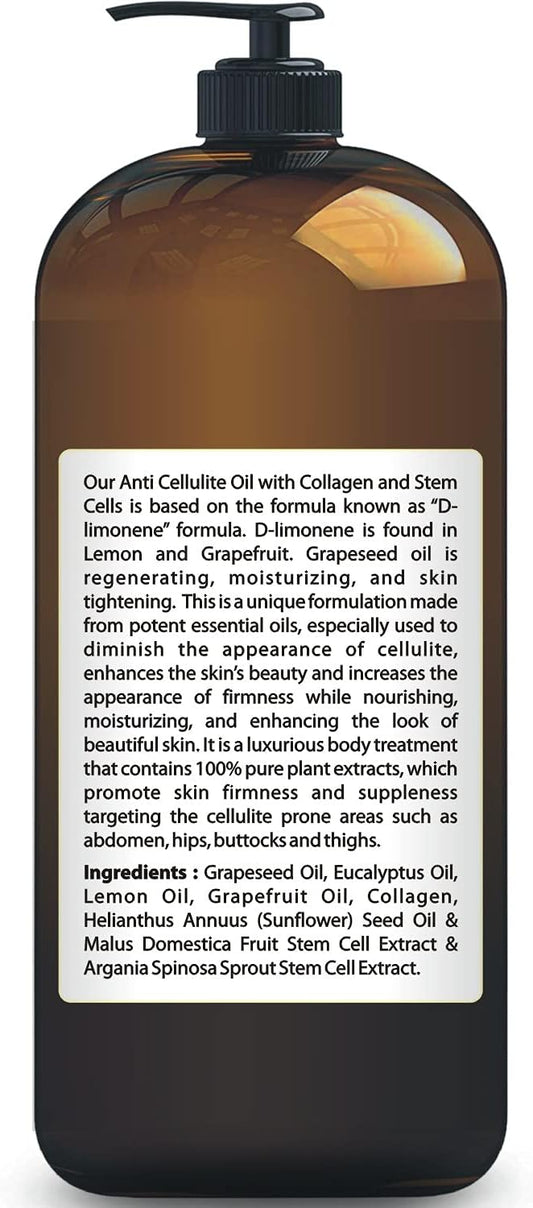 First Botany, Anti-Cellulite Massage Oil Infused With Collagen & Stem Cells - Natural Cellulite & Stretch Mark Treatment For Men & Women - 8 Oz