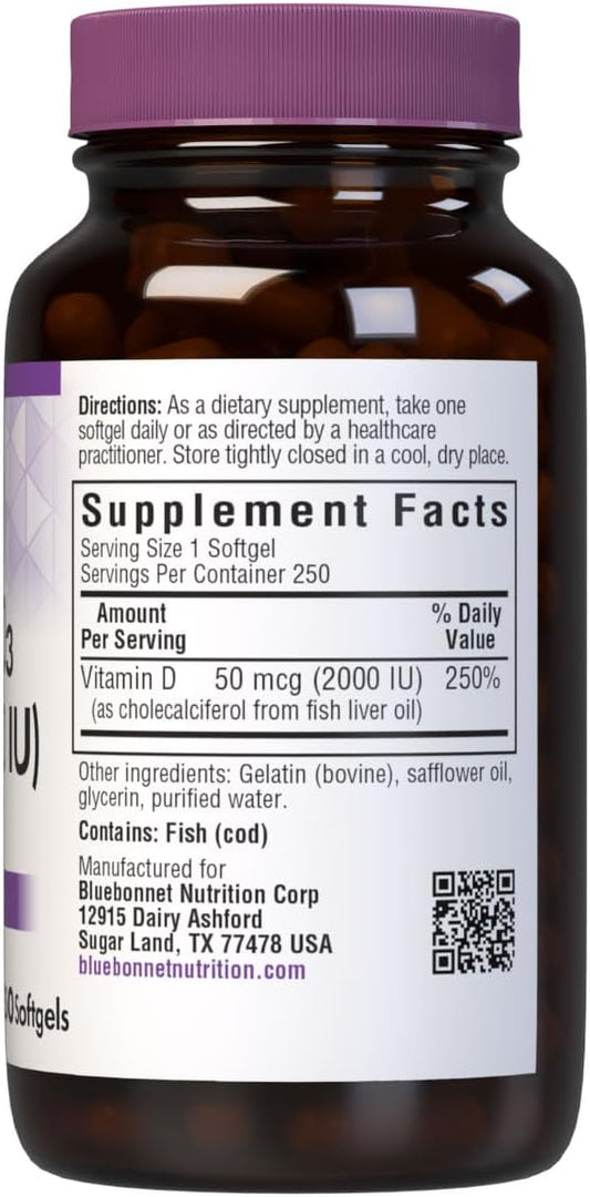 Bluebonnet Nutrition Vitamin D3 2000 Iu50 Mcg High Potency Immune Support, High Absorption Cold-Water Fish Liver Oil & Plant-Based Non-Gmo Safflower Oil, Support Strong Bone, Gluten-Free, 250 Softgels