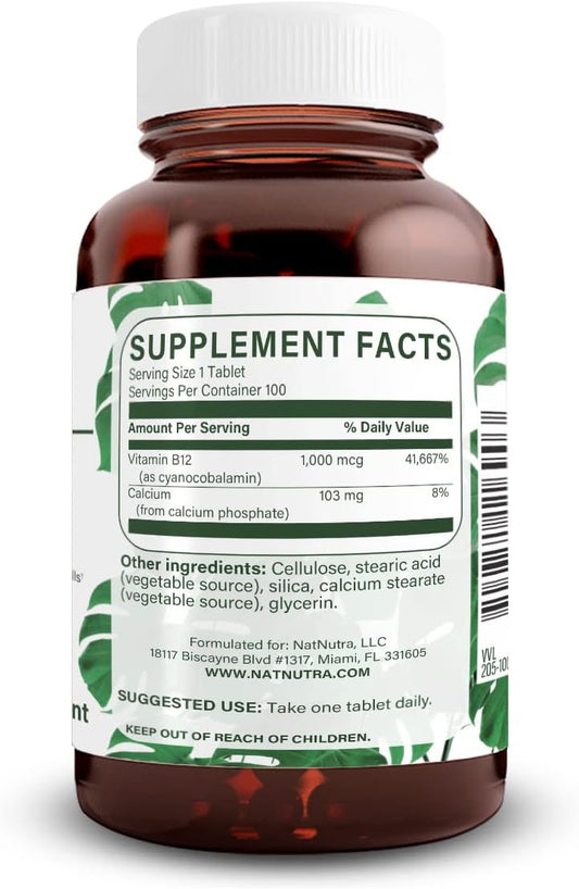 Natural Nutra Vitamin B12 1000 Mcg, Cobalamin B 12 Supplement, Calcium Phosphate, Help In Metabolism Health, Optimal Absorption, Gluten Free, Sugar Free, 100 Vegan Tablets