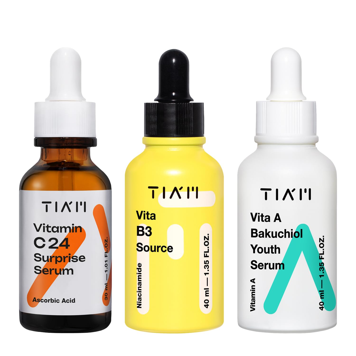 Tiam Vitamin Synergy Trio: Vita A Bakuchiol Youth Serum, Vita B3 Source & Vitamin C24 Surprise Serum, Nourishing, Glowing Skin, Revitalizing, Korean Skincare Set