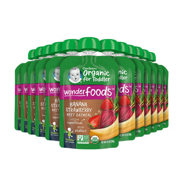 Gerber Organic Baby Food Pouches, Toddler, Wonderfoods, Banana Strawberry Beet & Oatmeal, 3.5 Ounce (Pack Of 12)