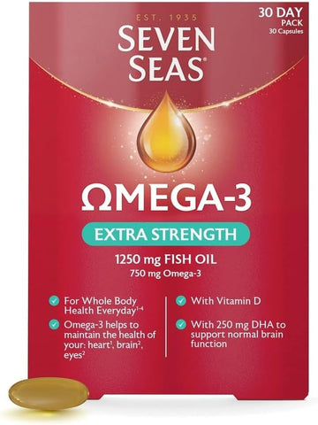 Seven Seas Omega-3 Fish Oil Extra Strength, One-A-Day, Vitamin D, 1250 Mg Fish Oil, 750 Mg Omega-3 + 250 Mg, 30 High Strength Tablets