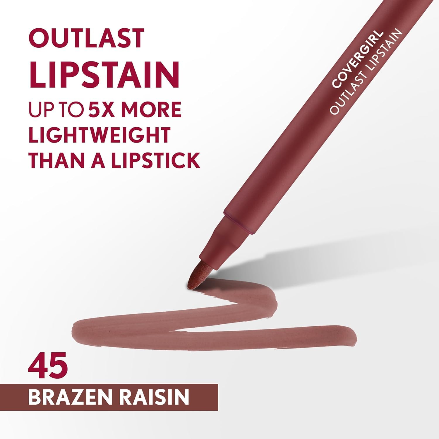 Covergirl Outlast, 45 Brazen Raisin, Lipstain, Smooth Application, Precise Pen-Like Tip, Transfer-Proof, Satin Stained Finish, Vegan Formula, 0.06Oz : Beauty & Personal Care