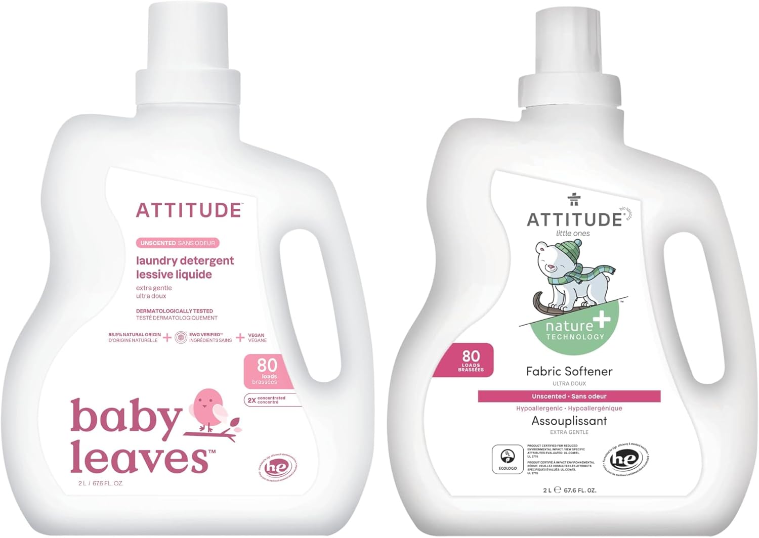 Bundle Of Attitude Baby Liquid Laundry Detergent And Fabric Softener, Plant And Mineral-Based Ingredients, He Compatible, Vegan Household Products, Unscented, 80 Loads, 67.6 Fl Oz
