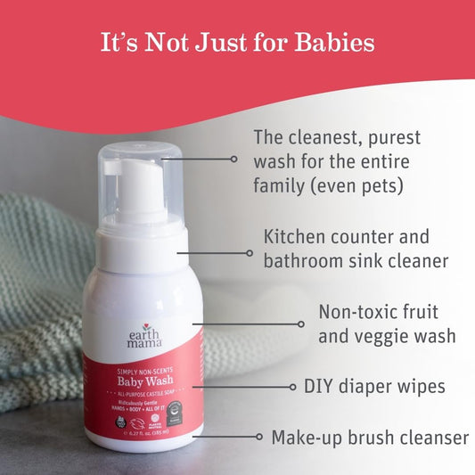 Earth Mama Simply Non-Scents Baby Wash Liquid Hand Soap Refill, Organic Body Wash For Sensitive Skin, All Purpose Castile Soap Liquid With Coconut Oil, Shea Butter, Calendula & Aloe, 34 Fl Oz (2-Pk)