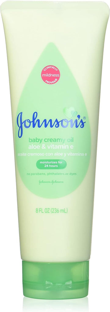 Johnson's Baby Creamy Oil with Aloe & Vitamin E for Delicate Skin, Non-Greasy Moisturizing Baby Body Lotion for Soft Skin, Hypoallergenic & Free of Parabens, Phthalates, & Dyes, 8 Fl. Oz